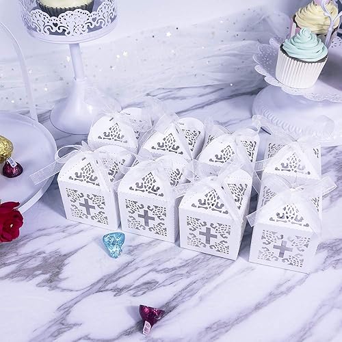 Miniatura 8 de YOZATIA 50 cajas de recuerdo de cruz, 2.2 x 2.2 x 2.2 pulgadas, cajas de bautismo con 50 cintas, para fiesta, cumpleaños, bautizo (cruzado)