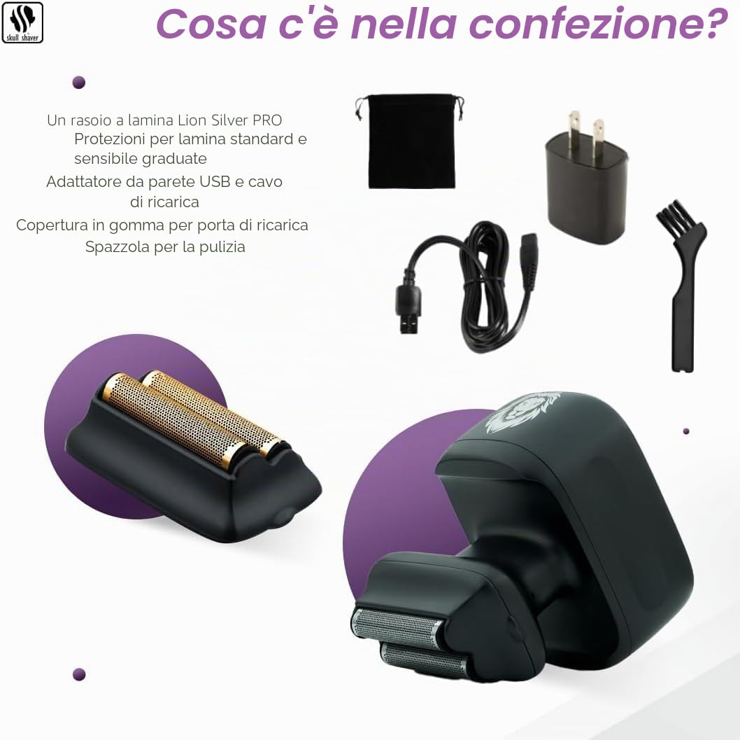 Skull Shaver One Lion PRO Rasoio per il Viso per Uomo - Rasoio Elettrico con Doppia Lamina Scalata, Argento | Rasoio Elettrico con Doppia Lamina Scalata, Per Uomo