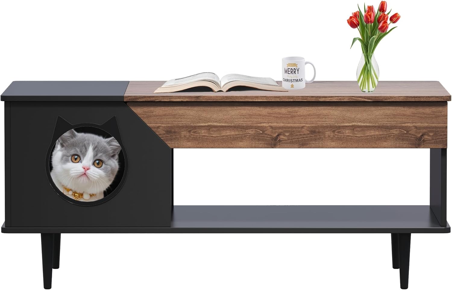 Coffee Table with Cat House 45-Inch,Farmhouse Coffee Table with Storage, Modern Center Table,Cat Furniture Condo for Living Room