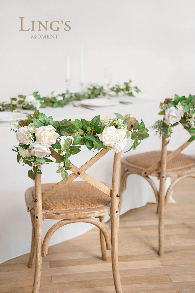 Ling's moment White Greenery and Ivory Wedding Chair Decorations for