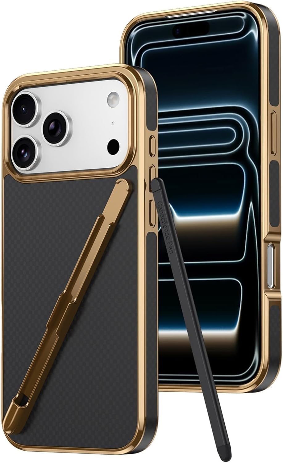 Minimalist Carbon Fiber Texture Case for iPhone 17/17 Air/17 Pro Max, with Pen & Pen Slot, Shockproof Protection PC Cover(Green,17 Pro)