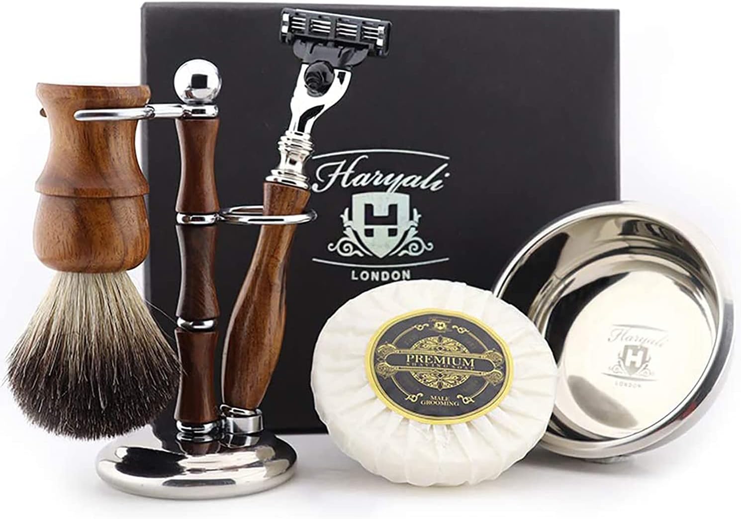 Shaving Kit – 5 Pc Wooden Shaving Kit – 3 Edge Shaving Blade Shaving Razor - Badger Shaving Brush – Shaving Soap – Shaving Bowl – Shaving Stand - Shaving Set as Gift, Wood