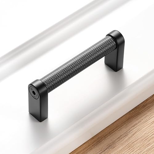 Miniatura 7 de KOOFIZO Tirador de gabinete moleteado  Manija negra para muebles, distancia entre tornillos de 3 pulgadas, paquete de 5 unidades P22 para puerta de
