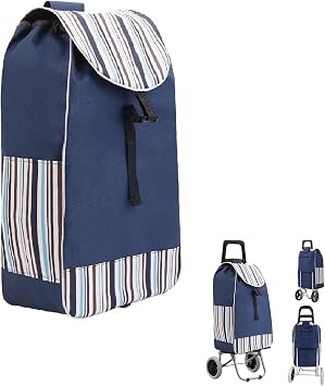 Blue Shopping Trolley Bag - 33x20x57cm Oxford Fabric Reusable Cart Bag with Drawstring & Side Pockets