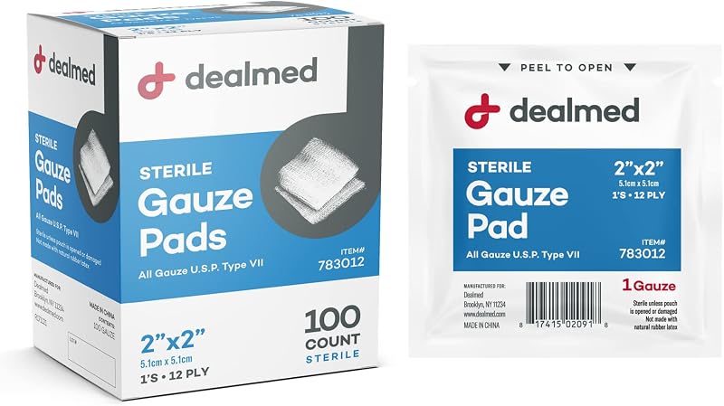 Dealmed Sterile Gauze Pads 2 x 2 in - Individually Wrapped - 100 Count | USP Type VII Cotton, 12-Ply Design, Non-Stick Surface, Highly Absorbent, Wet-To-Dry Dressing, Dispenser Box