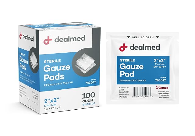 Dealmed 2 x 2 Sterile Gauze Pads 100 Count Disposable and Individually Wrapped Medical Gauze Pads Wound Care