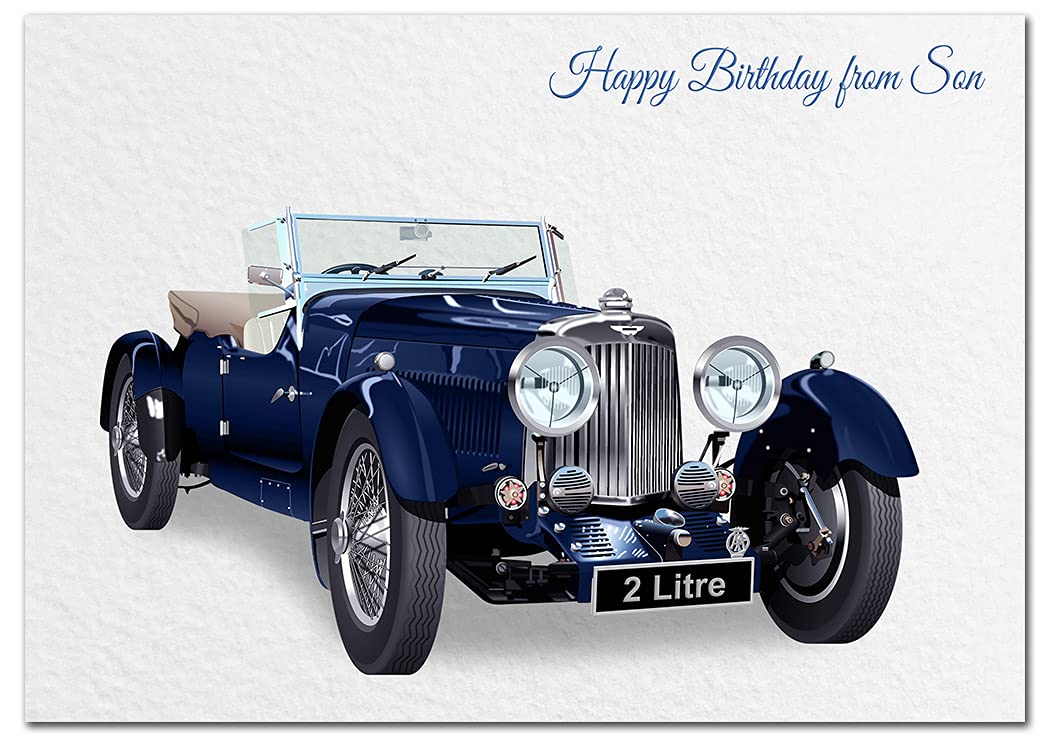 Extra Large Son Birthday Card - XL Big thick A4 size - Special Traditional Bday Greeting Men Him - Unusual Cool Classic Vintage Sports Car Art - Huge Happy Wishes - UK Eco-Friendly
