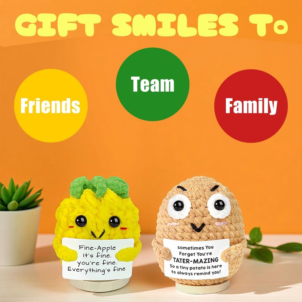12PCS Emotional Support Crochet Vegetables Fruits Positive Animals Bulk Positive Pickle Patato Easter Basket Stuffers for Teens Encouragement Employee Gifts Office Desk Decor for Friend Coworker Adult