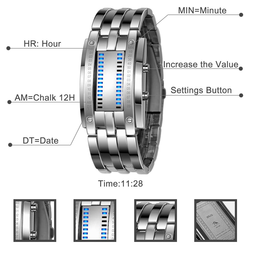Binario Relojes Digitales de Hombre y Mujer Rectangular Acero Inoxidable del Bisel Azul LED Luminosidad Fashion Unico Casual Calendario Reloj de Pulsera, Plateado