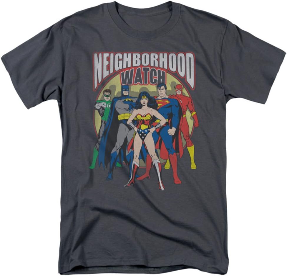 DC Comics Men's Justice League Neighborhood Watch T-Shirt, Charcoal, Small