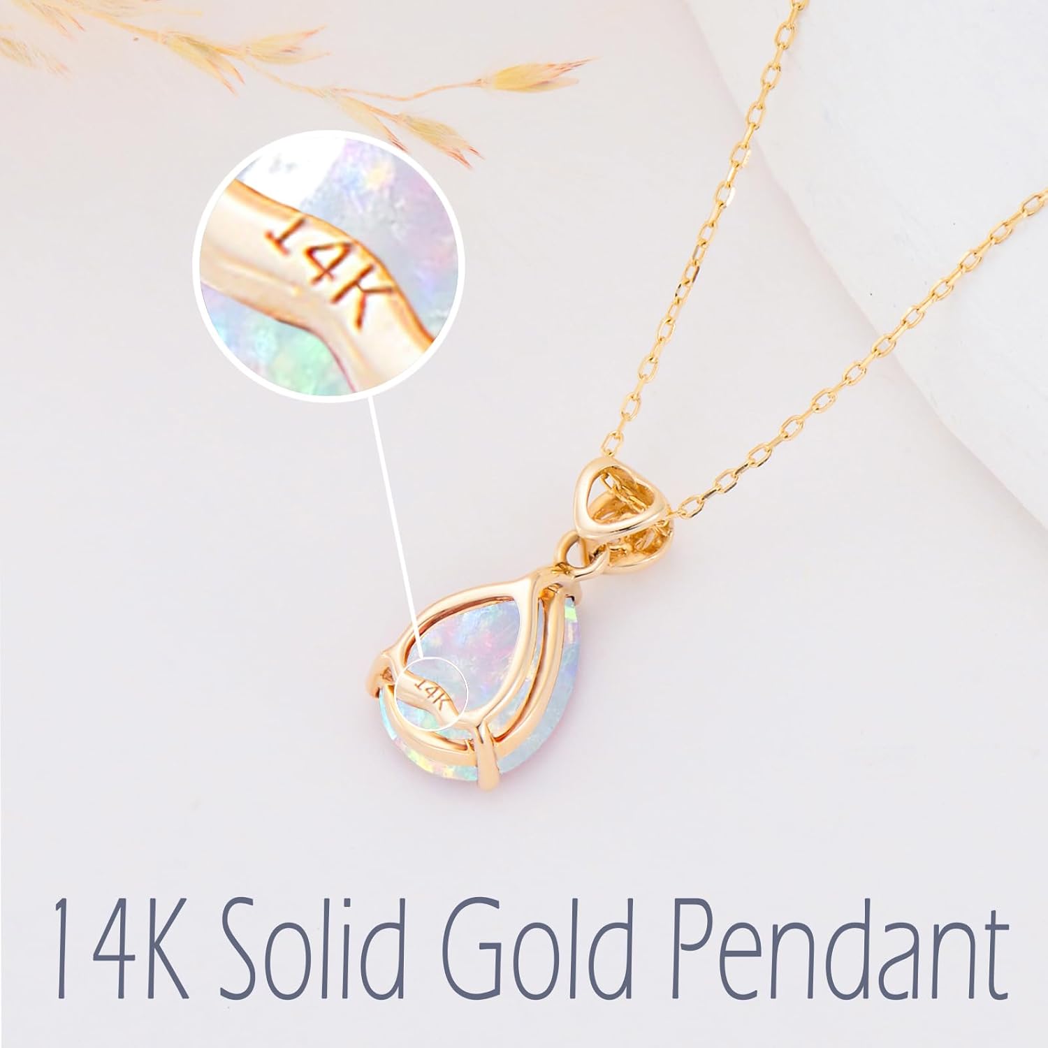 14k Yellow Gold Pear Opal Necklace for Women,2 Carat 7MM*9MM Teardrop Created October Birthstone Pendant Anniversary Birthday Mother's Day Christmas Necklaces for Her 16+2 inch