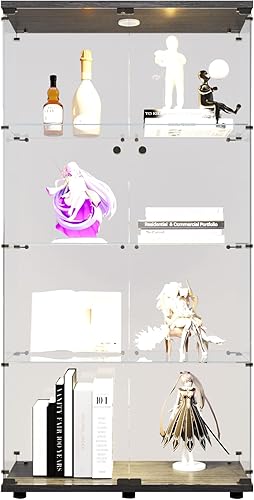 Miniatura 174 de Vitrina de cristal con 4 estantes con tira de luces LED y cerradura, vitrina de vitrina con ruedas y 1 puerta, vitrina de vidrio templado para sala