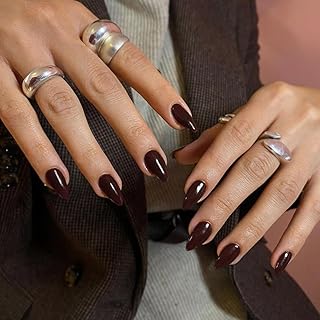 KQueenest Brown Press on Nails Short Almond - 30 Pcs Reusable Fake Nails Glue on, Thick Natural Fit Acrylic Nails Short Stiletto, Salon Quality Stick on Nails for Women Fall Winter