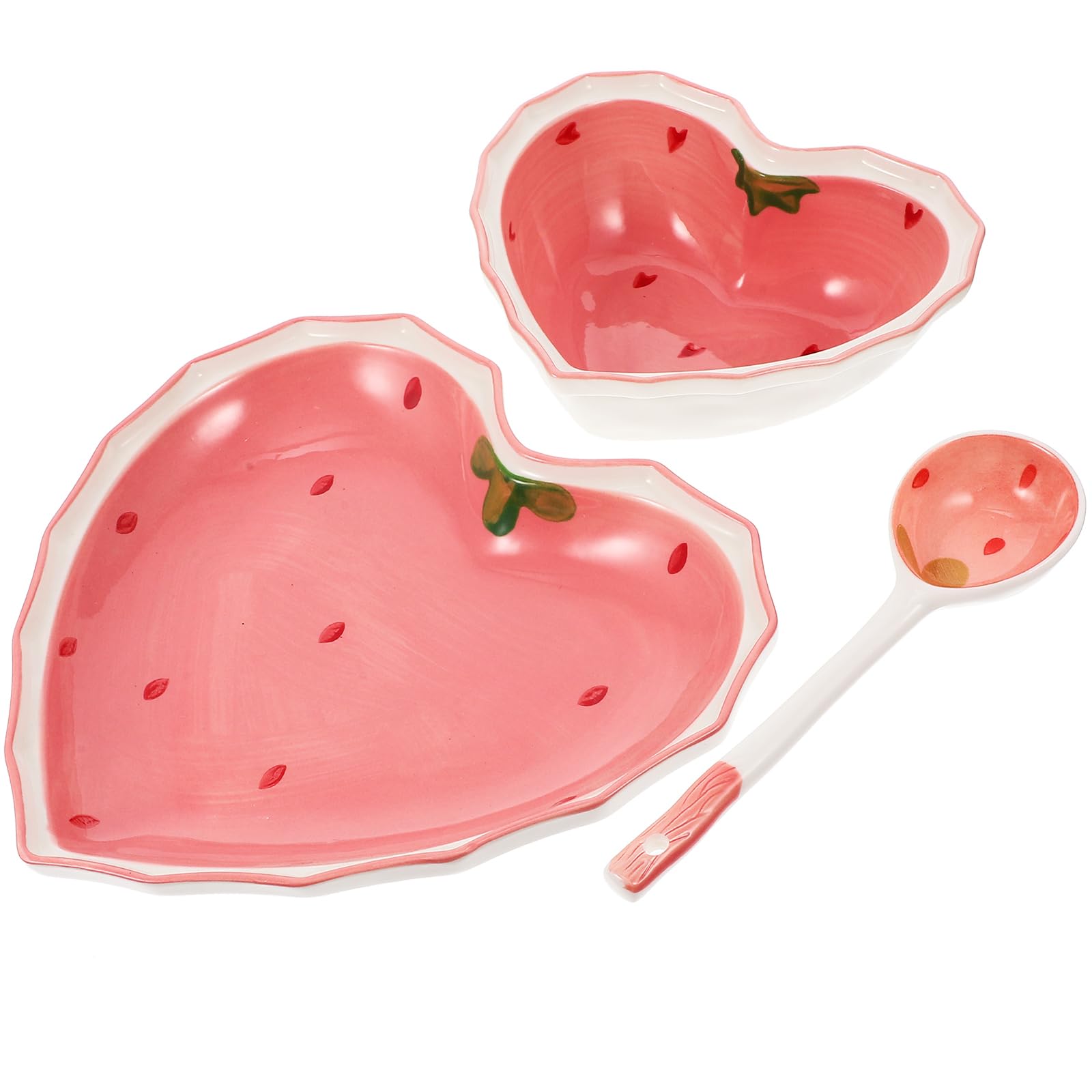 BESTonZON 3-Piece Ceramic Heart-Shaped Dessert Bowl Set - Cute Pink Porcelain Bowls with Spoon for Salads, Snacks, and Ice Cream, Multi-Function Tableware for Home Entertaining and Serving