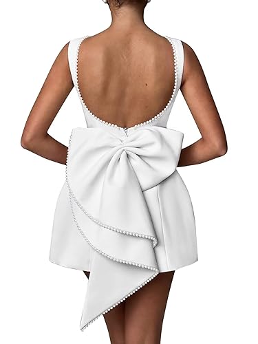 Satin Pearl Homecoming Dress with Bow Short Wedding Dresses Graduation