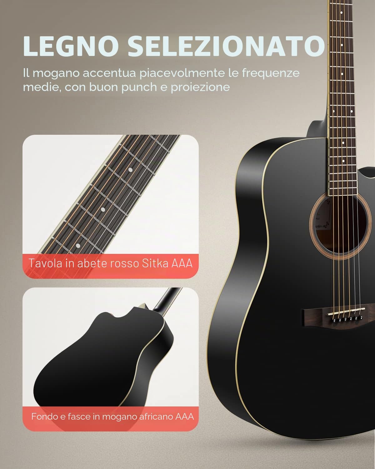 Donner Chitarra Acustica 41 Pollice Dreadnought Kit per Principiante con Custodia Nero