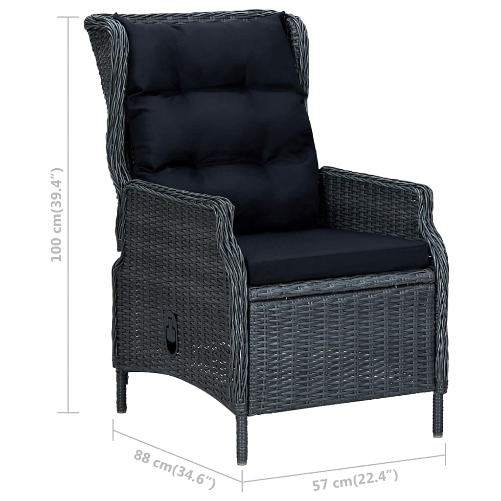 Poltrona da giardino regolabile con cuscini, in polyrattan grigio scuro, adatta per terrazza, giardino o veranda, 57 x 88 x 100 cm