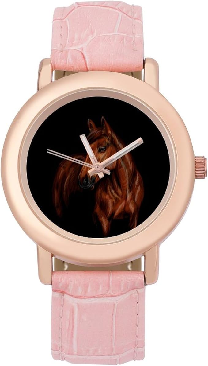 Portrait Horse on Black Women's Watch Pink Leather Strap Band Quartz Watches for Women Fashion