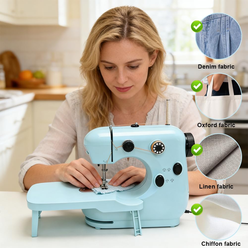 Mini macchina da cucire per principianti e bambini, macchina da cucire portatile a doppia velocità con tavolo allungabile, luce LED e pedale, macchina da cucire elettrica multifunzione per fai da te