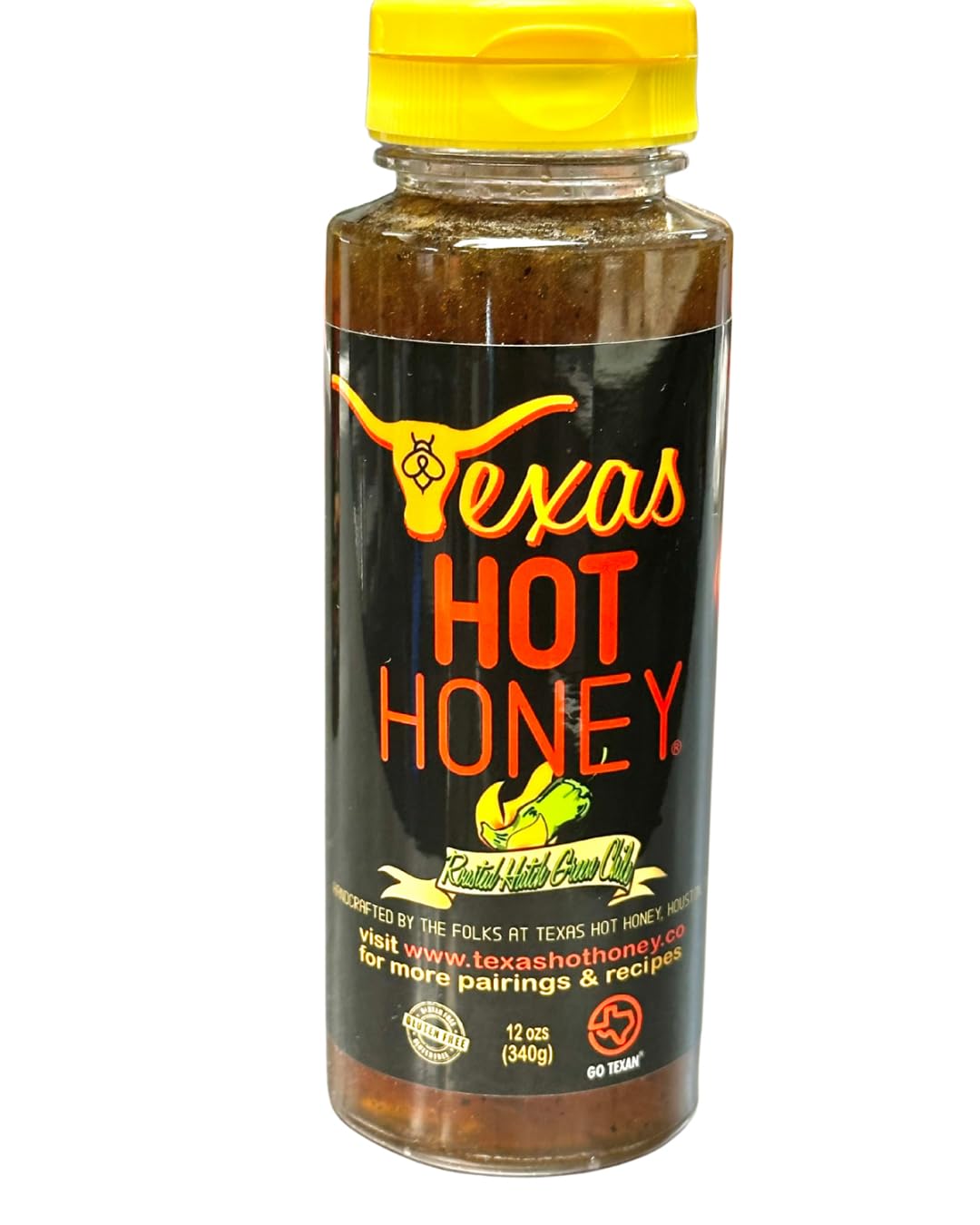 Texas Hot Honey, Roasted Hatch Green Chile, (SEASONAL-LIMITED EDITION), MEDIUM heat, Gourmet Chili Infused Honey, 12oz Squeeze Bottle