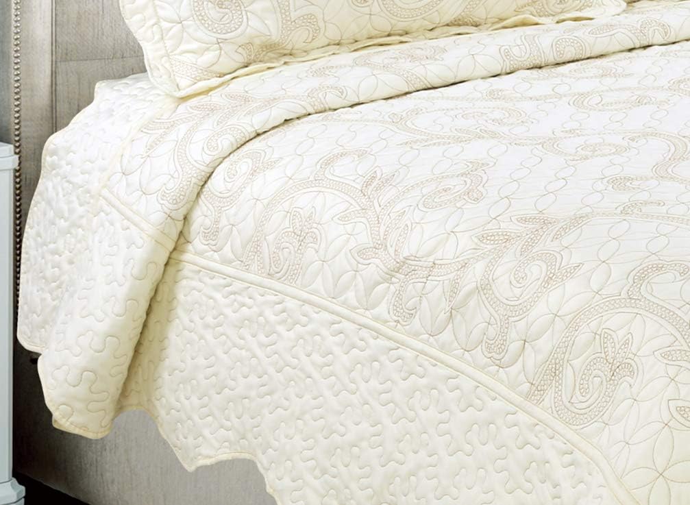 Marina Decoration Embroidered Coverlet Bedspread Ultra Soft Solid 3 Piece Summer Quilt Set with 2 Quilted Shams, Cream Color Queen/Full Size