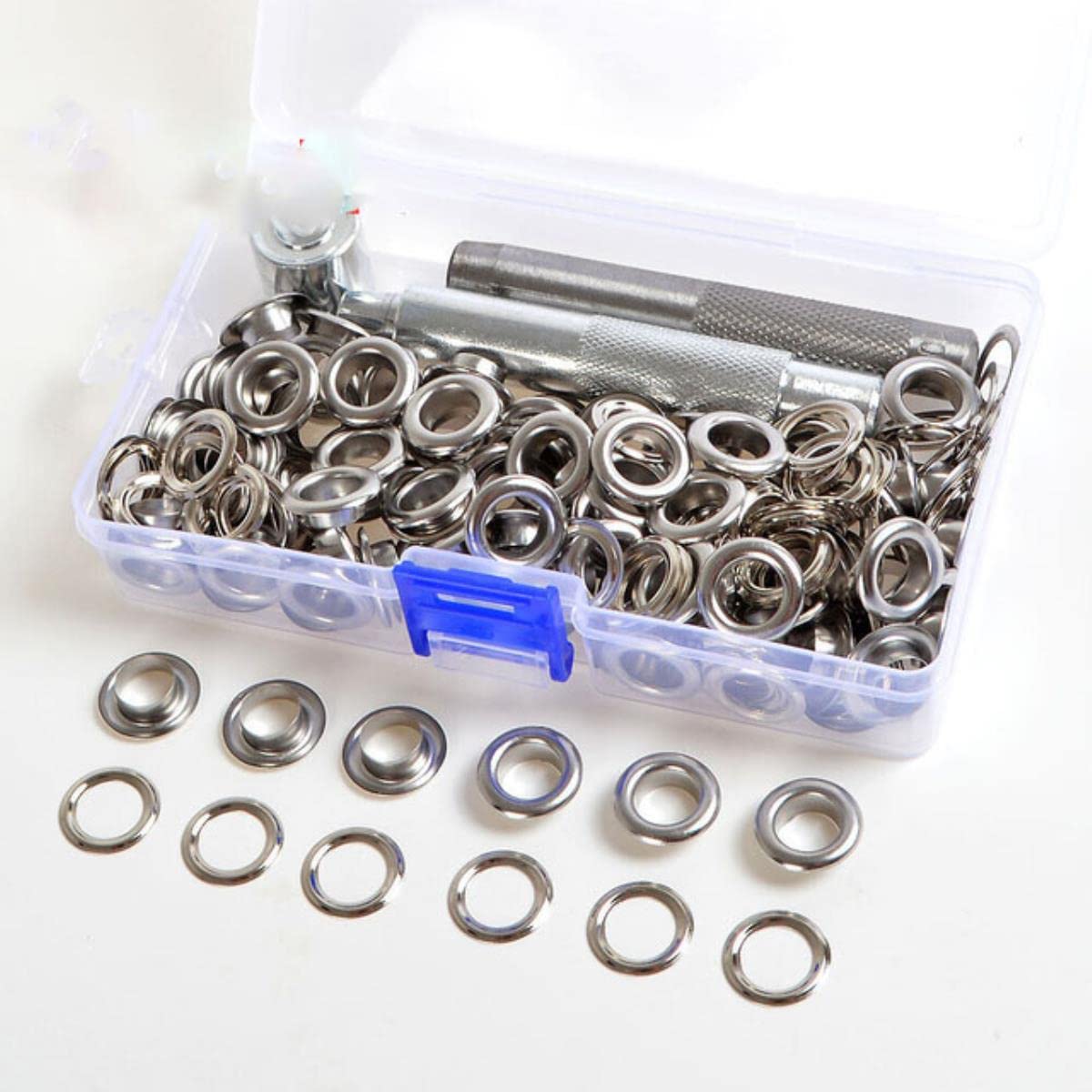 100 Set Ösenstanzer Werkzeugset Lederhandwerk Banner Kit Ösen Unterlegscheibe für DIY Kleidung Schuhe Gürteltasche Tülle - China, 10 mm Silber