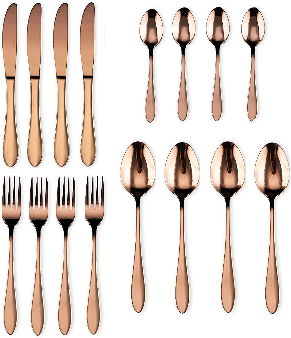ZEBROC 16 Piece Titanium Rose Gold Plated Stainless Steel Cutlery Set,Mirror Finish Copper Color Flatware Set, [Dinner Fork-Tea Spoon-Salad Spoon-Knife] (Set of 16)