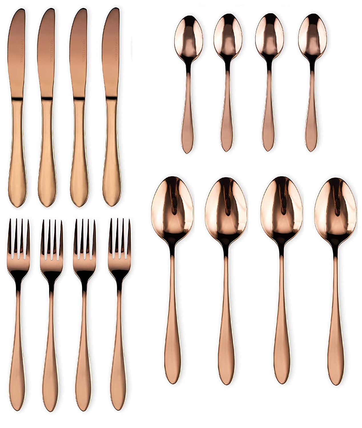 ZEBROC 16 Piece Titanium Rose Gold Plated Stainless Steel Cutlery Set,Mirror Finish Copper Color Flatware Set, [Dinner Fork-Tea Spoon-Salad Spoon-Knife] (Set of 16)