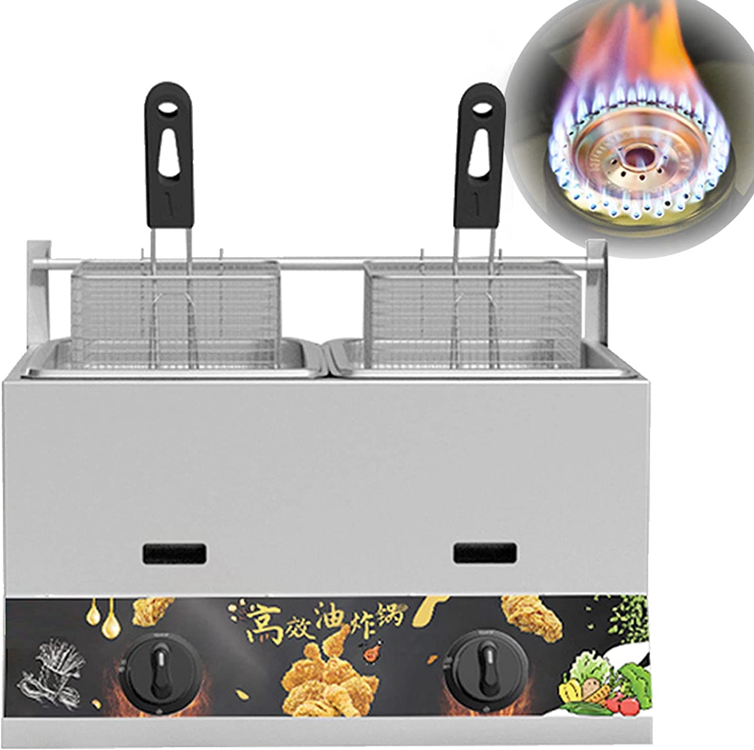 IUokLU Ountertop Gas Fryer for Home and Commercial,23L Commercial LPG Fryer,Freestanding Temperature Control,Adjustable Firepower,Removable and Washable Stainless Steel