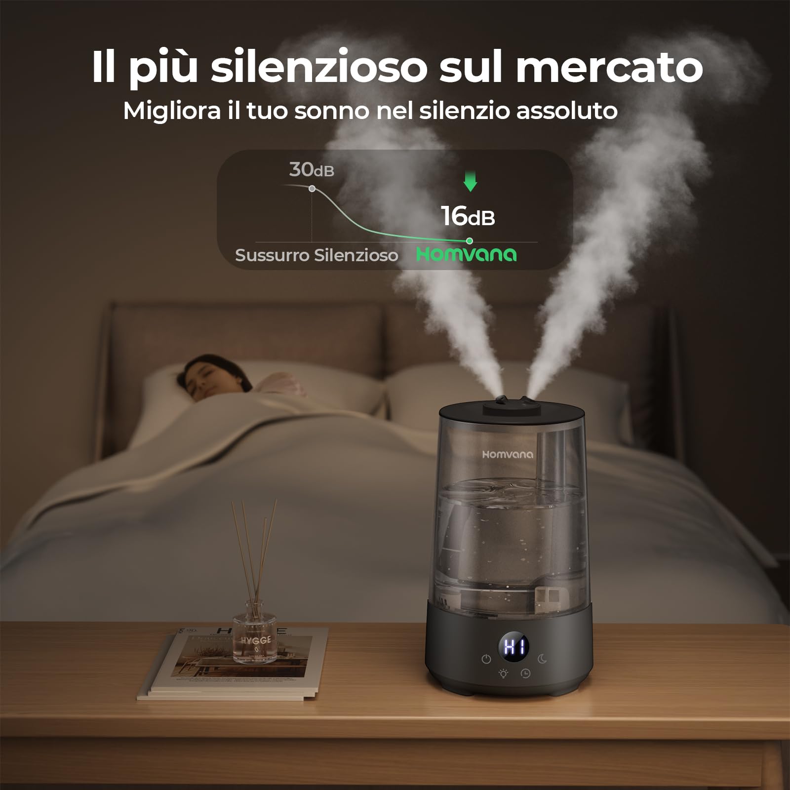 Homvana Umidificatore per camera da letto, 3,6 l, 360 gradi Celsius, 34 ore durevole, silenzioso, 16 dB (SilentSpary Tech), piccolo, umidificatore per piante