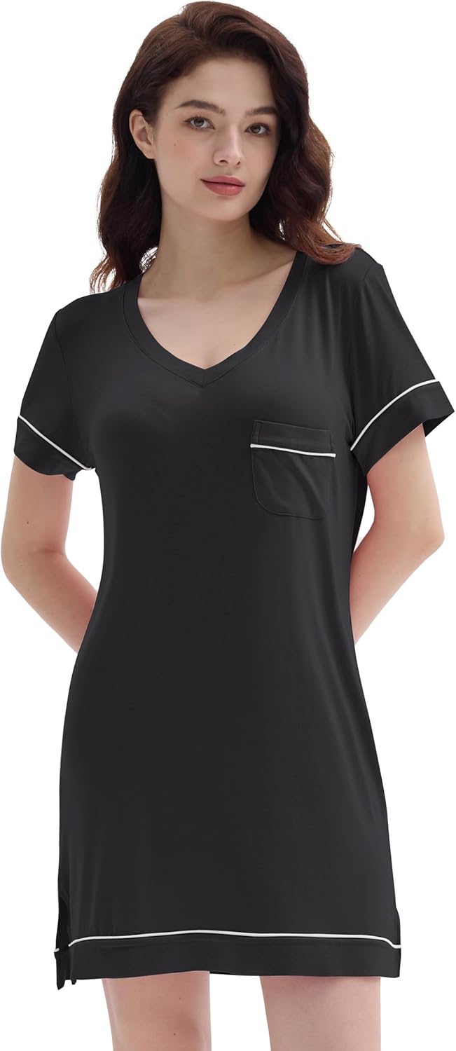 Cherrydew Womens Soft Cooling Nightshirt Short Sleeve Bamboo Viscose Nightie V Neck Lightweight Nightgown S-XXL - Image 4