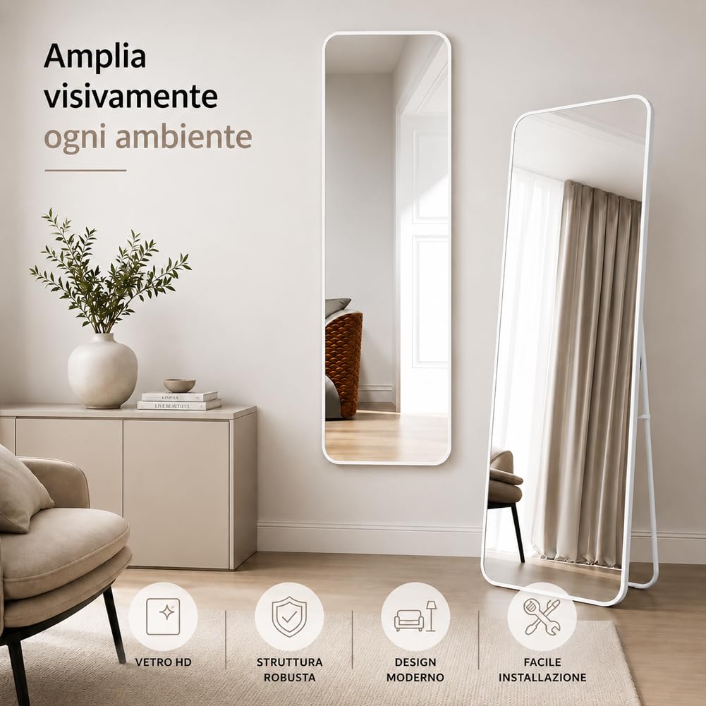 Shally Dogan Specchio da Terra e da Muro Rettangolare, Stand Autoportante Indipendente e da Parete, Decorazione Interna, Design Minimal, Figura Intera e Cornice in Alluminio, 155 x 45 cm, Bianco
