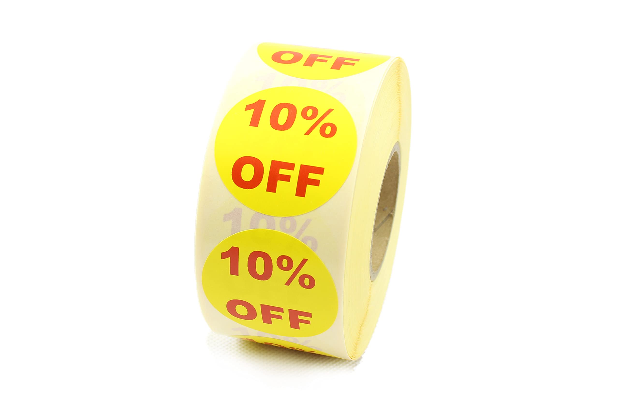 Yellow & Red Printed Retail Labels. 40mm Diameter, Strong Permanent Adhesive. 500 Per Roll. (10 Percent)