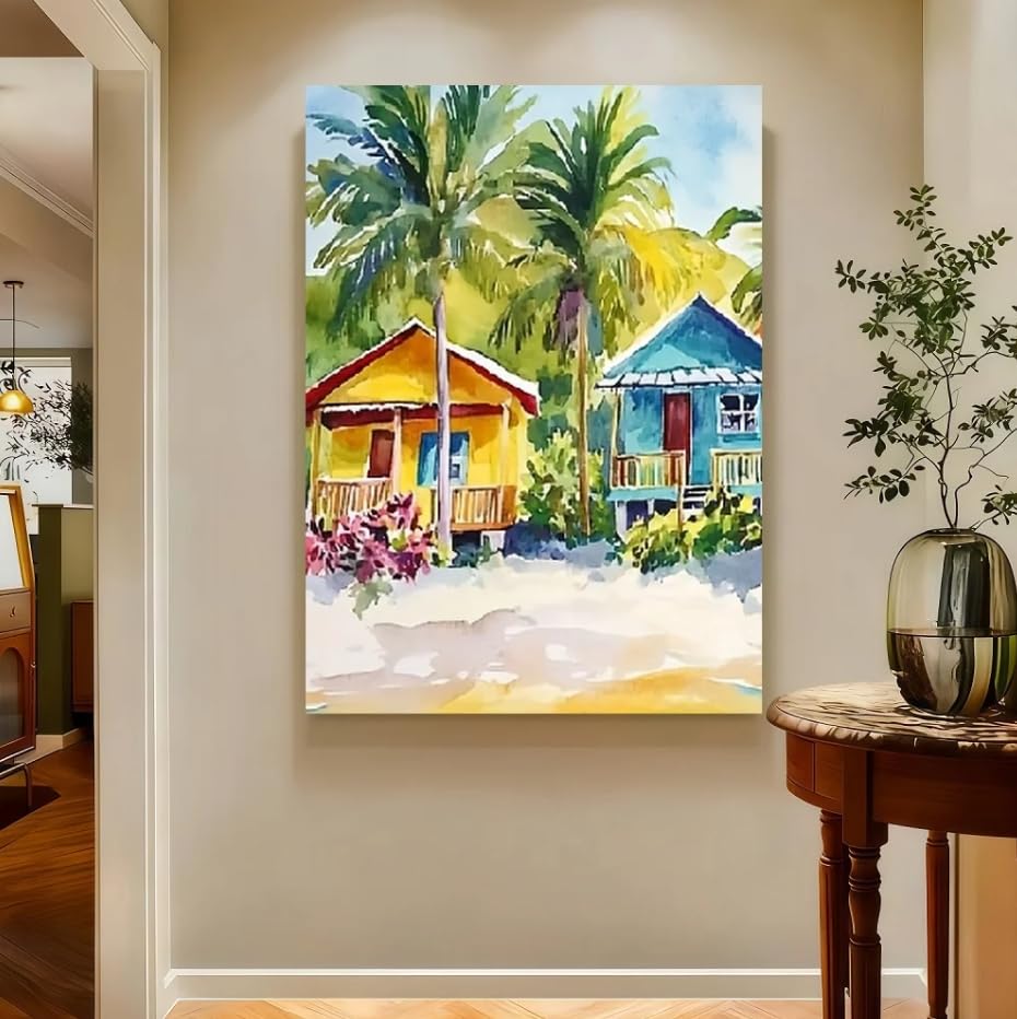 Toile vibrante colorée de plage côtière pour embellir un salon ou bureau