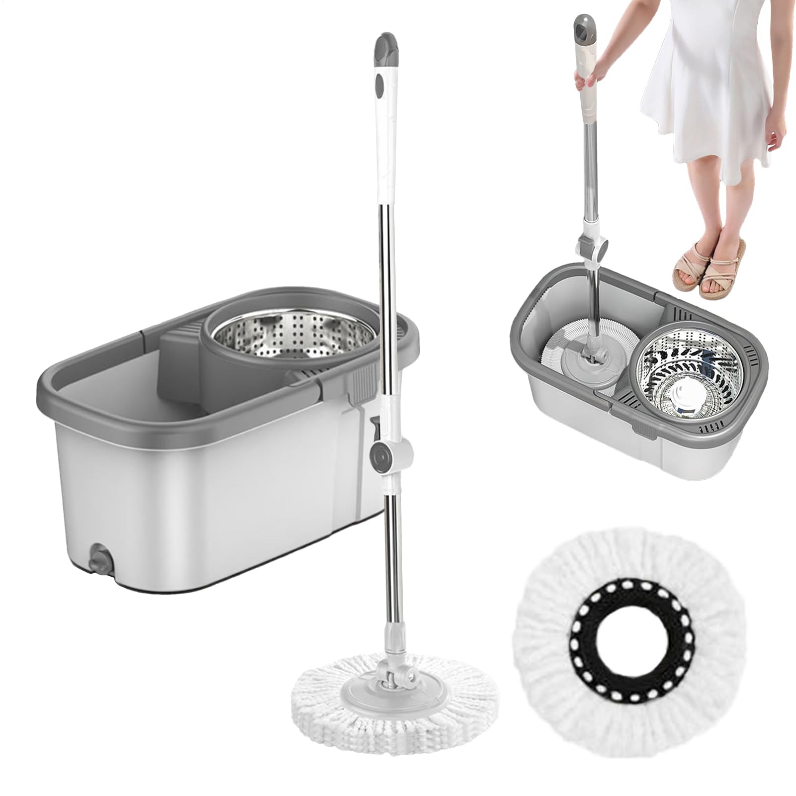 E Secchio Manico regolabile per pulizia pavimenti | Kit Completo E Secchio Rotante A 360 Gradi Per la Pulizia di Casa, Pavimenti in Legno, Piastrelle, Marmo, Cucina e Bagno