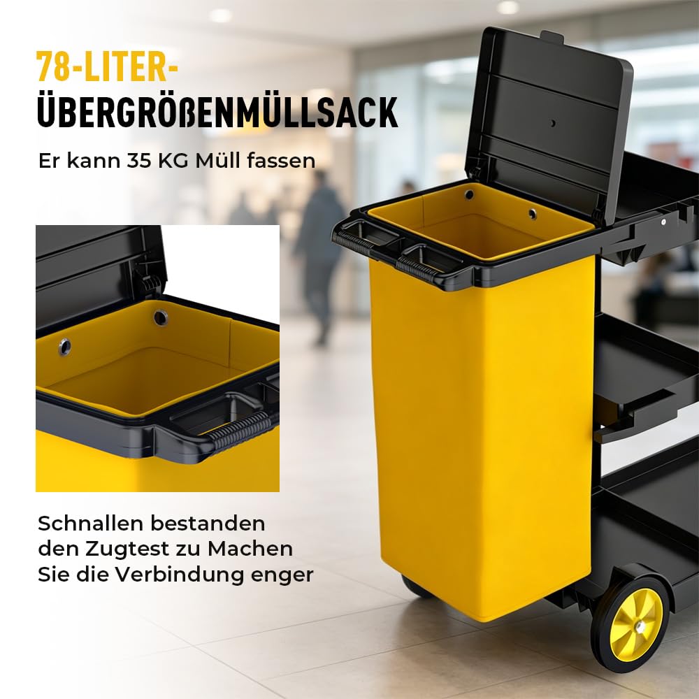 BPT Carro de limpieza de 3 niveles, con bolsa de basura de 78 L, 90 x 50 x 99 cm, para hoteles, centros comerciales, oficinas, restaurantes