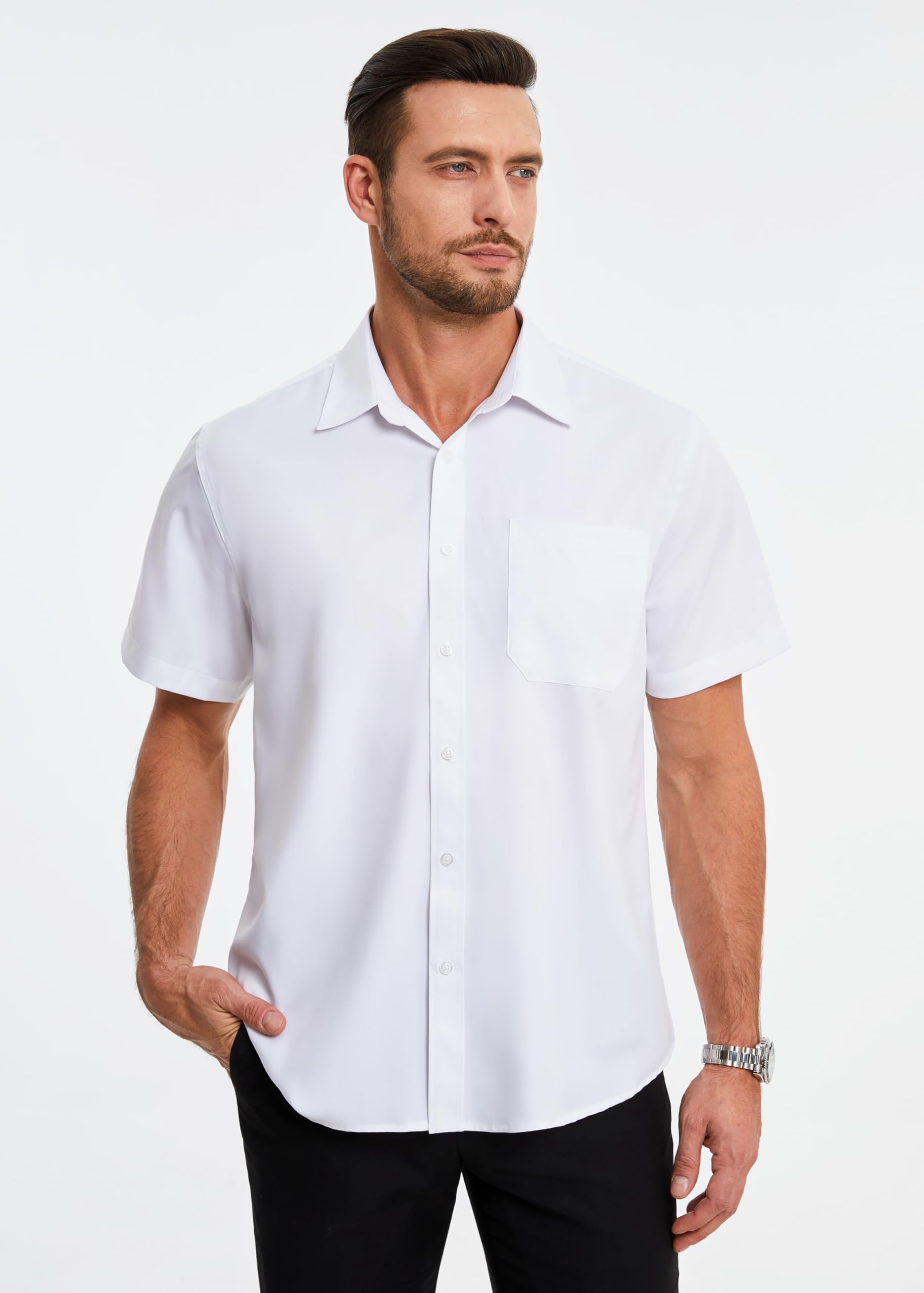 HISDERN Chemise Homme Manches Courtes Été Leger Chemises Habillée en Fibre de Bambou Homme sans Repassage Chemisette Boutonnée Décontractée Coupe Régulière avec Poche