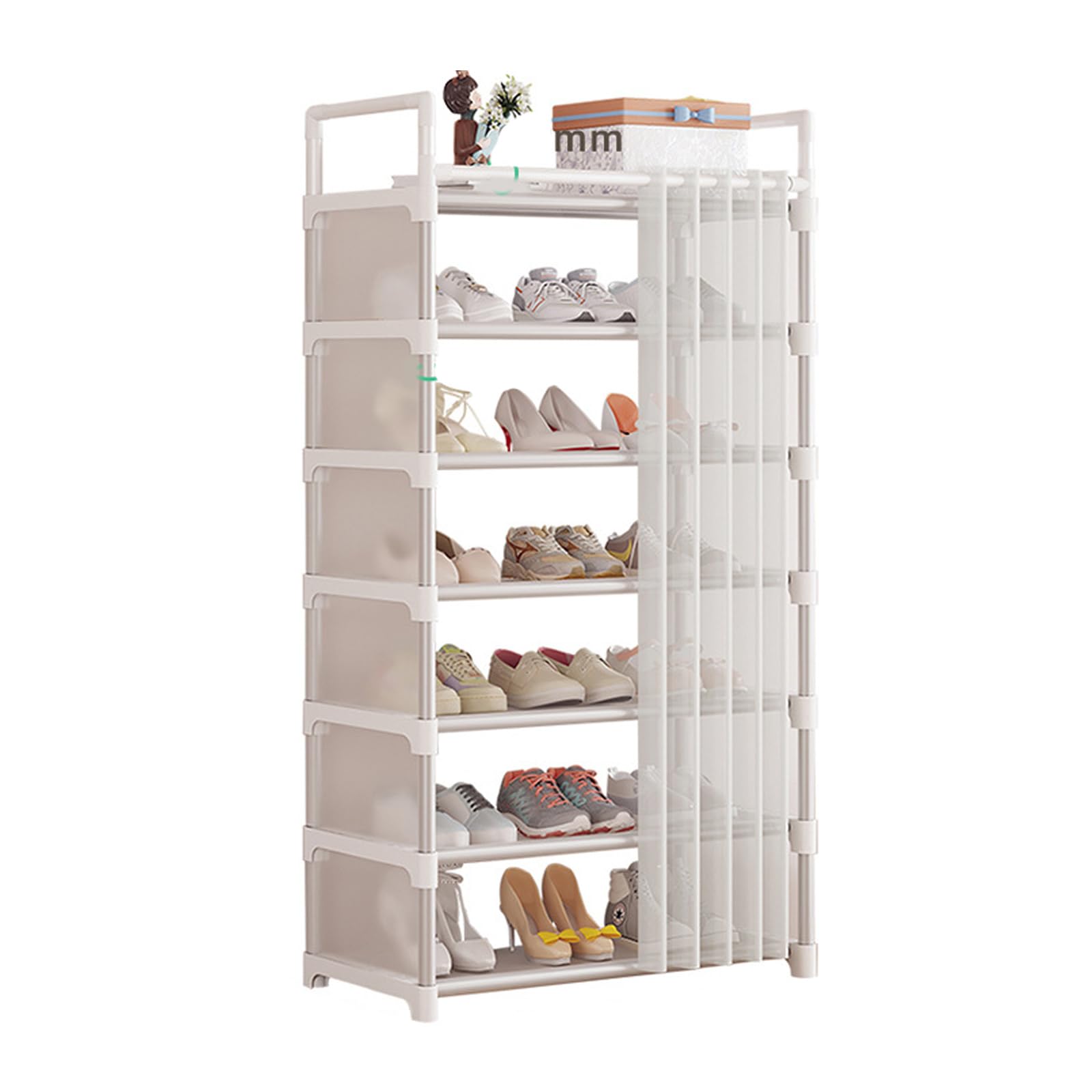 古道具　棚　靴棚　収納 Amazon｜シューズラック 防塵カーテン付き 靴棚 玄関 靴収納 组装式