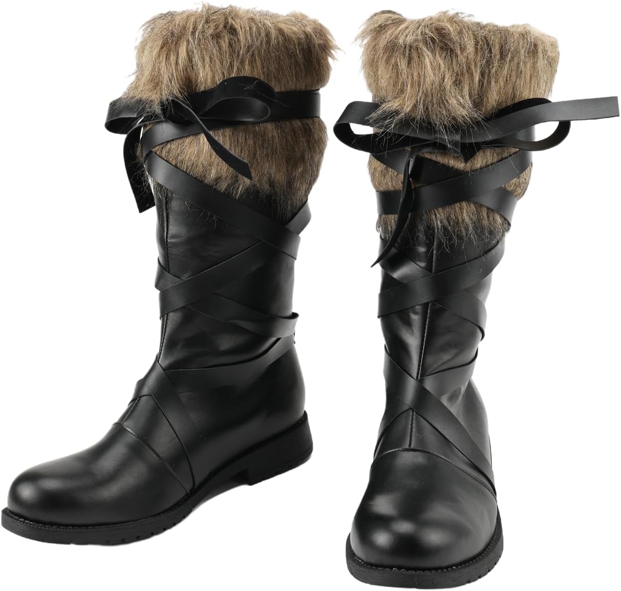Viking Faux Fur Cuff Mid Calf Boots Pirate Cross Wrap Mid Calf Boots