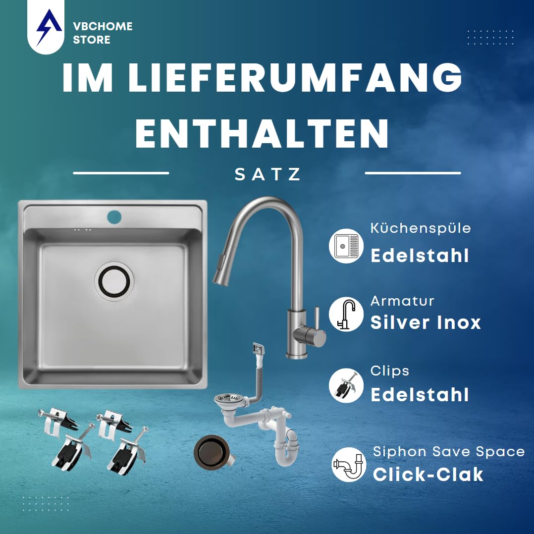 VBChome Edelstahlspüle mit Armatur 49 x 48 x 21 cm Inox Glatt Edelstahl Einbauspüle mit Hahnloch Küchenspüle Spüle Groß Becken Siphon Edelstahlspüle Armatur Inox mit ausziehbarem Auslauf
