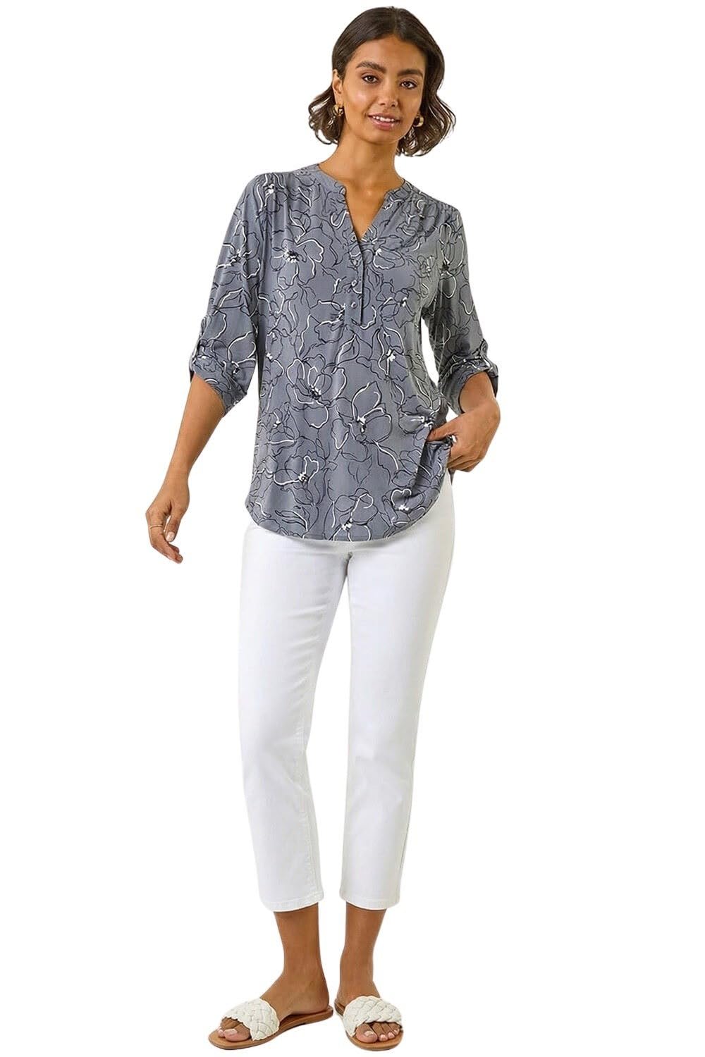 Roman Shirt for Women UK Ladies Top Collarless Blouse Stretchy Tunic Smart Casual Autumn Winter Jersey 3/4 Length Sleeve Notch V Neck Flattering Office Work