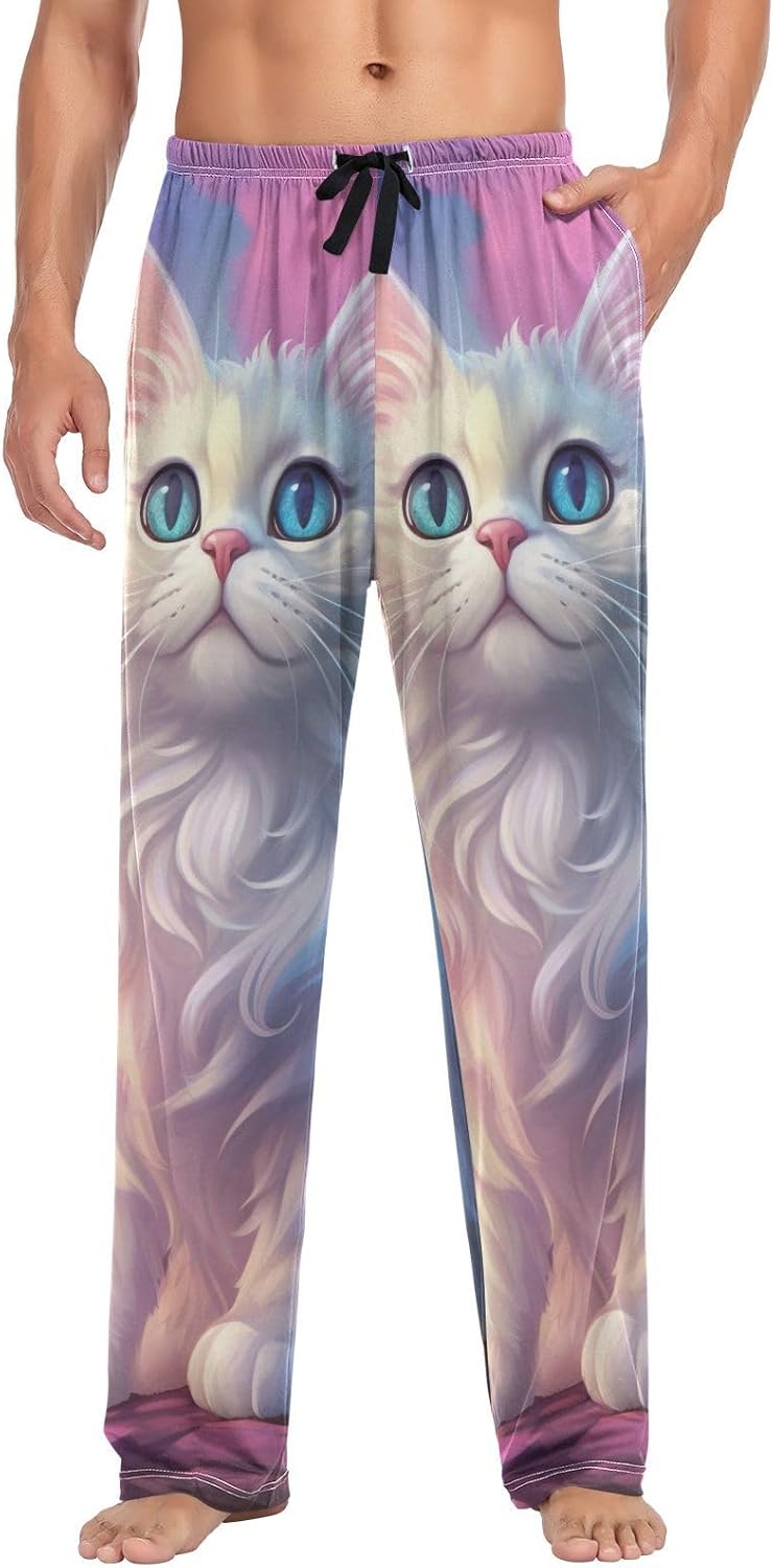 ALAZA Cat Kitten Cartoon Men's Sleepwear Mens Pajama Pants Bottoms with Pockets, S