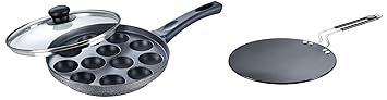 Prestige Hard Anodised Aluminium Plus Cookware Induction Base Roti Tawa, 225mm, Black & Aluminium Omega Select Plus Non Stick Paniyarakkal with Lid (Black)- Gas Top Compatible Only, Black, Standard