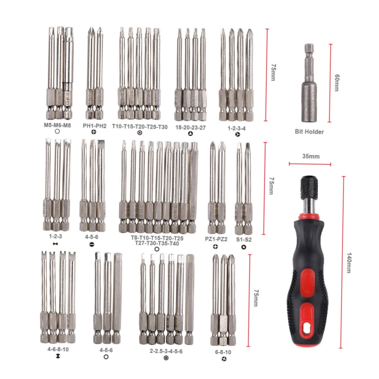 NUOBESTY Juego de 55 Brocas Profesionales de Punta Hexagonal y Estrella, Metal Resistente y Buena Dureza, Adecuado para Industria Electrónica y Herramientas Eléctricas