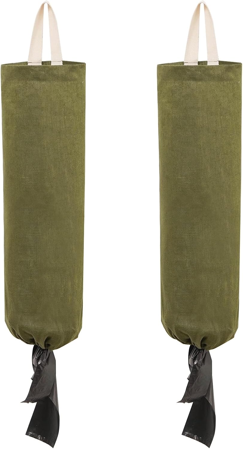 100% Linen Plastic Bag Holder, 2 Pack Wall Mount Grocery Shopping Bag Organizer with Hanging Loop, Army Green
