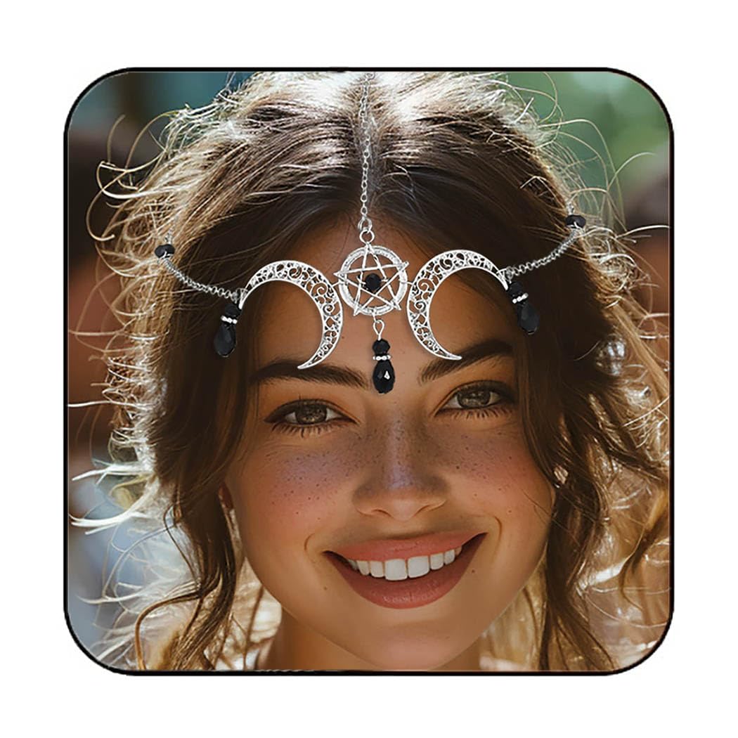 Sixexey Halloween Head Chain Crescent Moon Hair Chains Star Forehead Chain Silver Hair Jewelry Gothic Hair Accessories for Women, Alloy, No Gemstone