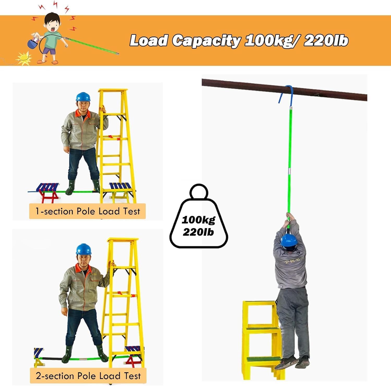Insulated Rescue Hook- with Reinforced Fiberglass Handle, Lightweight High Voltage Insulated Rescue Hook for Power Station/Factory/Auto Maintenance,100kg/ 220lb (1m/3.3ft)
