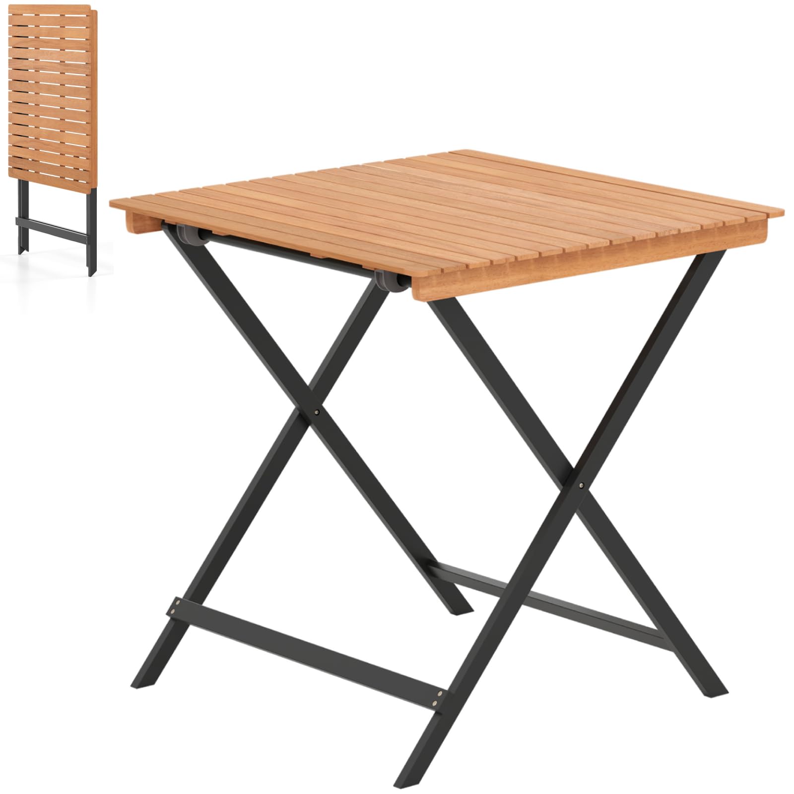 TANGZON Folding Garden Table, Solid Acacia Wood Outdoor Dining Table with Slatted Top, PU Coated Legs & Reinforced Crossbars, Patio Tables Furniture for Backyard Balcony Terrace Bistro, 70 x 70 x 73cm