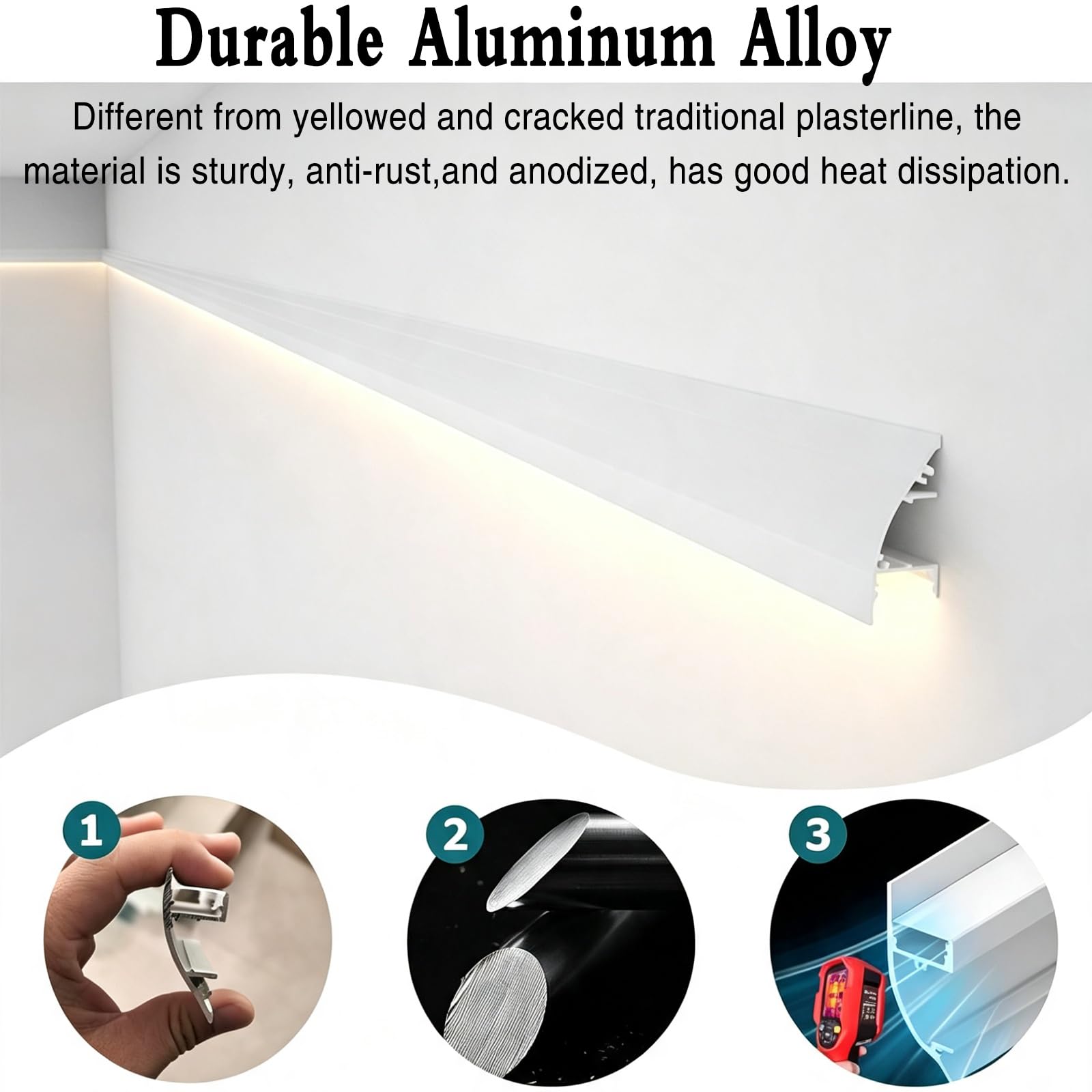 Difusor de luz LED de aluminio resistente al agua, sistema de canales LED con cubierta difusora, moldura embellecedora for iluminación de pared arriba y abajo de bricolaje(5m/16.4ft)