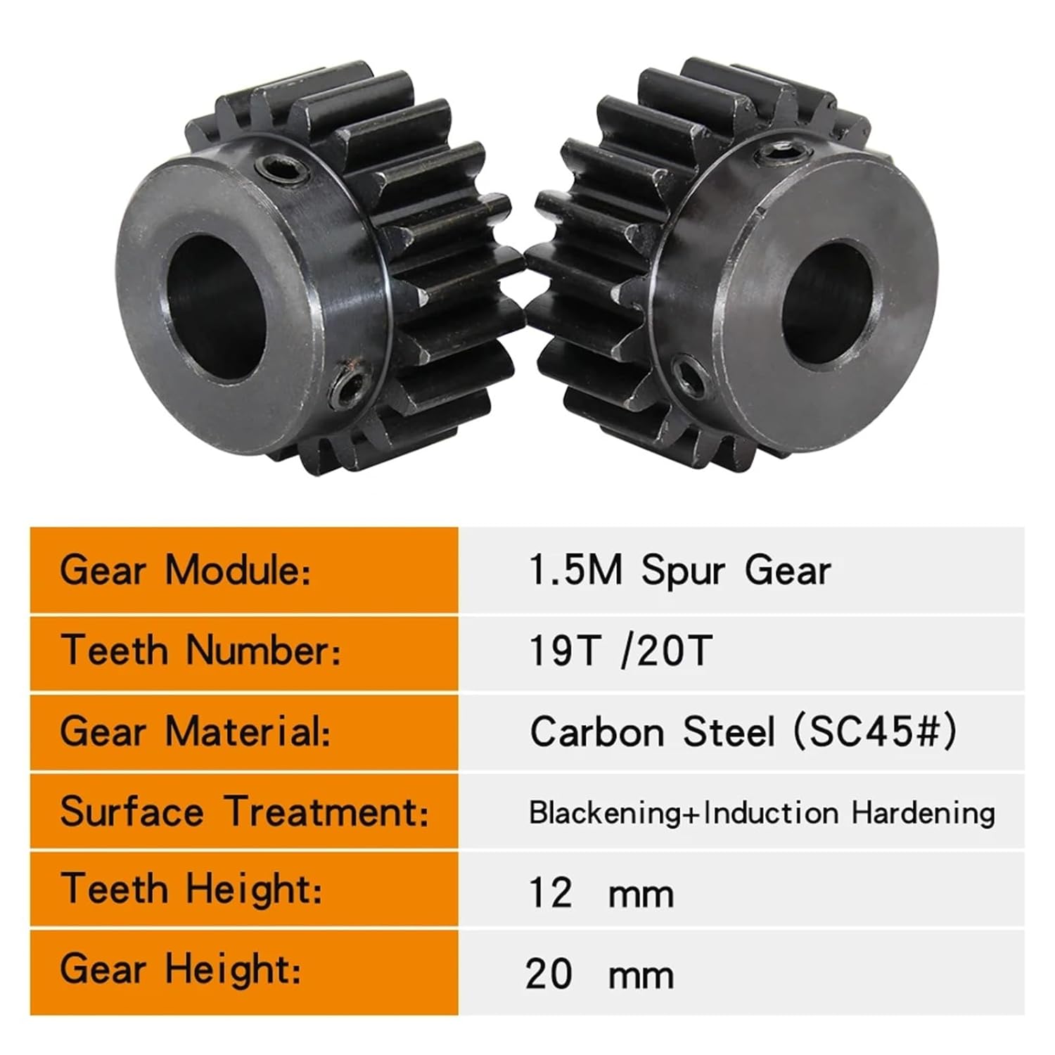 1.5M-20T Bore 5/6/6.35/7/8/10/12/14mm Teeth Thickness 12mm Carbon Steel Metal Gears 1Pcs(15x5x2.3 mm)